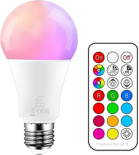 iLC Colour Changing Light Bulb E27 Edison Screw A19, 70 Watt Equivalent, Cool White 5700K 10W RGBW LED Light Bulbs Colour Changing Lights, 12 Color Choices - IR Remote Control Included