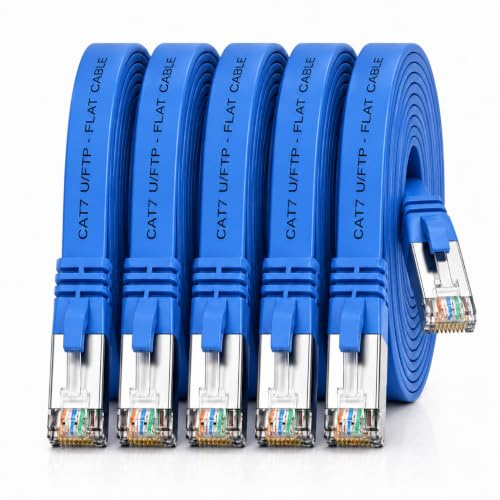 1aTTack.de 0.5m - blue - 5 pieces CAT.7 Gigabit Ethernet LAN ribbon ribbon cable (RJ45) network cable raw cable (10Gbit/s) installation cable flat slim compatible with Cat.5 - Cat.5e - Cat.6 | Flat U/FTP Patch Cable up to 10Gbps, Compatible with Cat6a/Cat6/Cat5e/Cat5, for Router, Modem, Switch, PC, TV and NAS