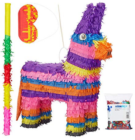 Relaxdays 4 TLG. Pinata Set Esel, XXL Konfetti Sack, Pinatastock mit Augenmaske, Kinder Pinata zum befüllen, Stab & Maske, bunt