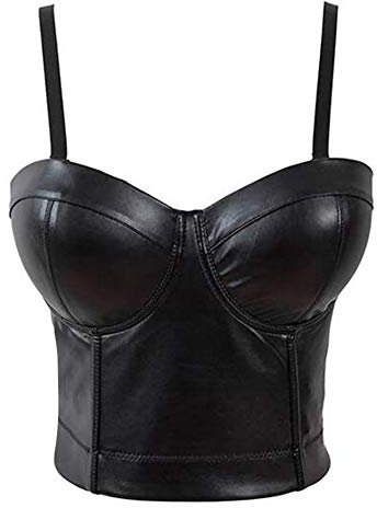 Woboren Damen Bustier BH aus Kunstleder Dessous Leder Tank Top Trägertop Crop Top Corsage Clubwear Shirt Unterhemd Ledertop (Schwarz, L)