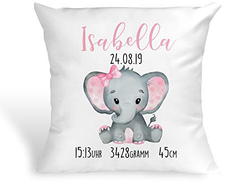 Tachinedas Kreativshop Personalisiertes Kissen mit Elefant Geschenk zur Geburt oder Taufe mit Namen und Datum Mädchen