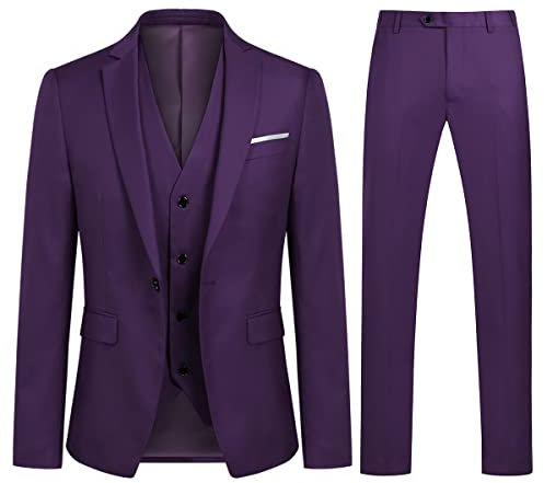 Sliktaa Costume Homme 3 Pièces Slim Fit Formel Smoking de Mariage Affaires Soirée（Veste Gilet et Pantalon）,Violet,3XL