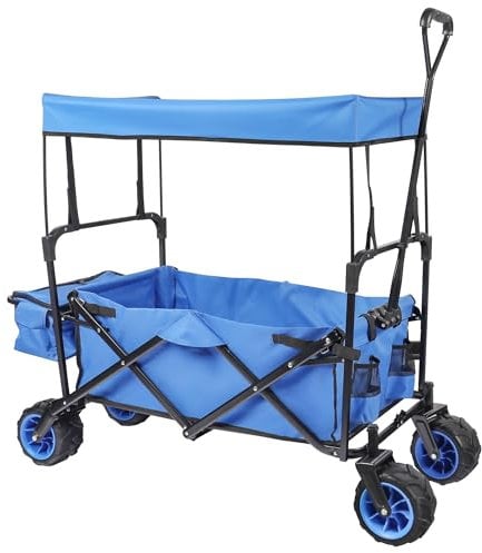 Wiltec Faltbarer Bollerwagen mit Sonnendach, Faltbollerwagen für max. 70 kg, Klappbollerwagen mit großer Ladefläche und Taschen, Offroad geeignet