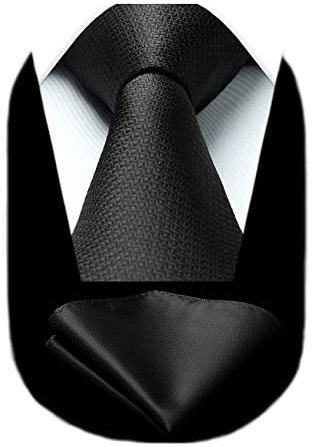 HISDERN Krawatten für Herren Schwarz Krawatte mit Einstecktuch Formelle Klassische Hochzeit Herrenkrawatte und Taschentuch Set für Männer