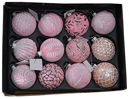 G&M 12er Set edle Christbaum-/Weihnachtskugeln aus Glas Ø 6 cm (Rosa, Weiß, Vintage)