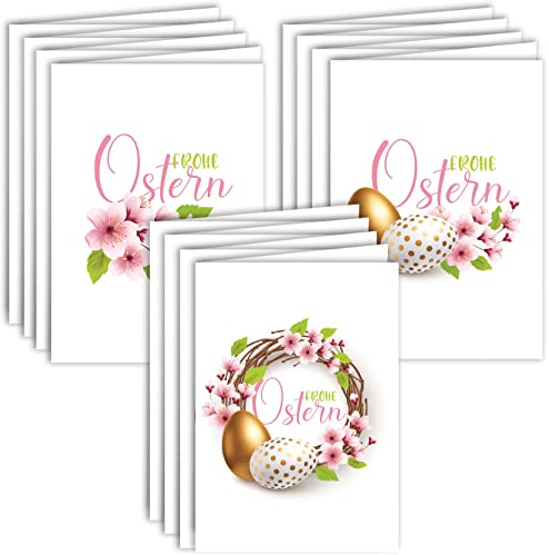 Osterkarten mit Umschlag Set 12 Stück aufklappbar Frohe Ostern Grußkarten in A6 Klappkarten Gold Rosa Eier Blumen Happy Easter Oster Karten Kartenset Umschlag hochwertig geschäftlich
