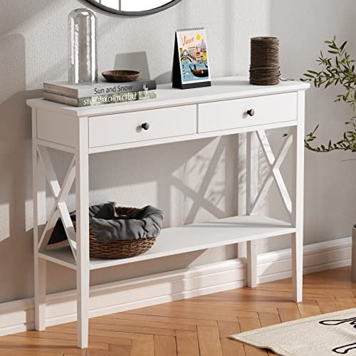 ChooChoo Table console avec tiroirs, table de canapé étroite en bois avec étagère de rangement pour entrée, hall d'entrée, couloir, salon, blanc