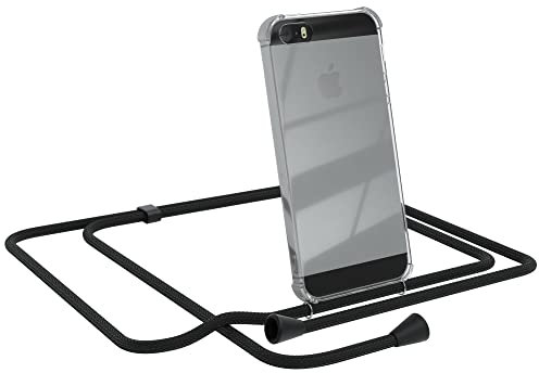 EAZY CASE Handykette kompatibel mit iPhone SE (2016)/ 5 / 5S Handyhülle mit Umhängeband, Handykordel mit Schutzhülle, Silikonhülle, Hülle, Stylische Kette, Schwarz - Clips Schwarz