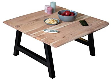 SAM Couchtisch 80x80 cm Quintus, echte Baumkante, Akazienholz naturfarben, massiver Sofatisch, A-Metallgestell Schwarz