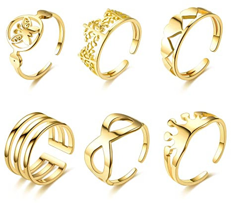 JewelryWe Schmuck 6pcs Damen-Ring Elegant Schmetterling Baum des Lebens Herz Krone Infinity Unendlichkeit Zeichen Geschichtet Edelstahl Offene Ringe für Frau Mädchen Gold
