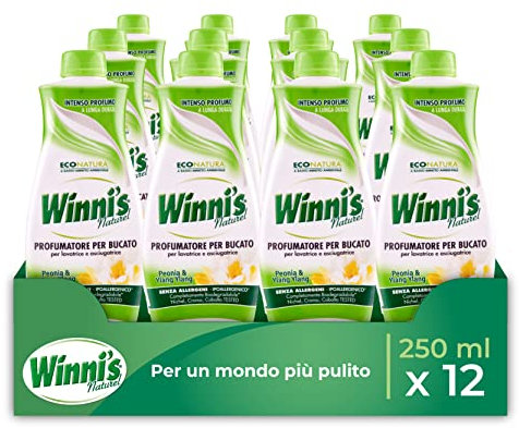 Winni's - Profumatore Bucato Ipoallergenico per Lavatrice e Asciugatrice, Fragranza alla Peonia e Ylang Ylang, con Materie Prime di Origine Vegetale e Bio, 250 ml x 12 Confezioni