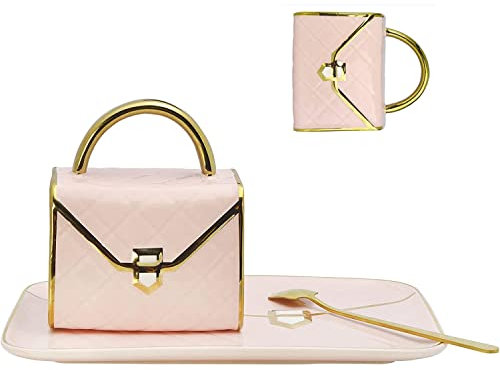 Vamotto Kaffeetassen-Sets, Keramik-Handtasche, Kaffeetasse mit Untertasse und Löffel, Teetasse, Latte-Tasse, Reisebecher, Geschenk für Freundin, Mutter, Frauen (Rosa)
