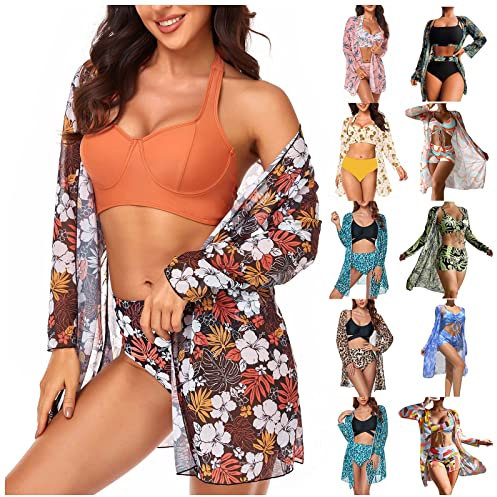 Saymany 3-teilige Anzüge für Damen Badeanzüge Bikini-Sets mit Cover-Ups Strickjacken Damen hawaiianische Bademode Blumendruck rückenfreier Bikini-Badeanzug Bademode-Set Strandponcho