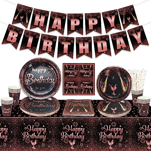 Décorations de fête d'anniversaire en or rose et noir pour filles, femmes, comprend une bannière de joyeux anniversaire, une nappe, des assiettes en papier, pour 20 invités