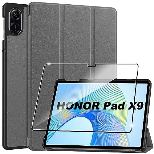 Rojeuinn Hülle für Honor Pad X9 Tablette Case Cover+1 Stücks Schutzglas Schutzfolie,Ultra Schlank Superleicht Dreifach Falt Klapp Schutzhülle Case - Grey