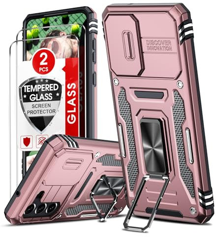 LeYi Coque pour Samsung S21 FE 5G/S21FE(Pas S20 FE) Antichoc avec Protection Caméra Coulissante,2*Verre Trempé,Étui de PC Dur TPU Silicone Militaire Anti-Rayures Coque Galaxy S21 FE Anneau-Or Rose