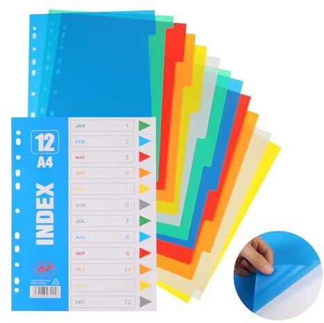FRIUSATE A4 Filer dividers, 3 Pack Folder Dividers, 12 Part Plastic Binder Dividers with Pre-Punched Hole and Assorted Colours, A4 Subject Dividers for Leverl Arch Files
