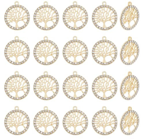 HOBBIESAY 40 ciondoli di cristallo a forma di albero della vita, in lega di strass, a forma di albero, con ciondoli ad albero, 1,4 mm, oro chiaro, per collane, bracciali, creazione di gioielli fai da