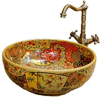 Jingdezhen Vasque de lavabo ronde de luxe européen de style rétro en céramique pour garde-robe, salle de bain, seulement 1 lavabo de Jingdezhen