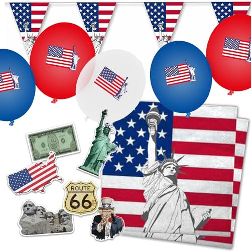 Deko-Set * USA * für Länderparty, Mottoparty und Event | 54 Teile mit Servietten + Konfetti + Wimpelkette + Luftballons | Party Deko Partydeko Fahne Flaggen (USA)