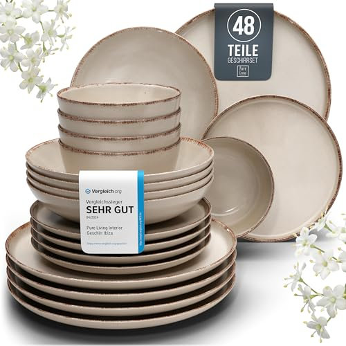 Steingut Geschirrset 12 Personen Rustic 48 tlg. TESTSIEGER, Hochwertiges Landhaussttil Steingut Geschirr Set, Schüssel- und Teller Set, Tafelservice 12 Personen, Geschirrsets Pure Living in Beige