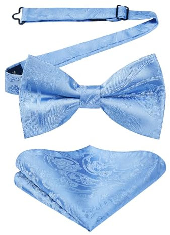 HISDERN Herren Fliegen Blau Hochzeit Fliege mit Einstecktuch Vorgebunden Smoking Anzug Fliege und Taschentuch Set Formelle Schleife für Männer