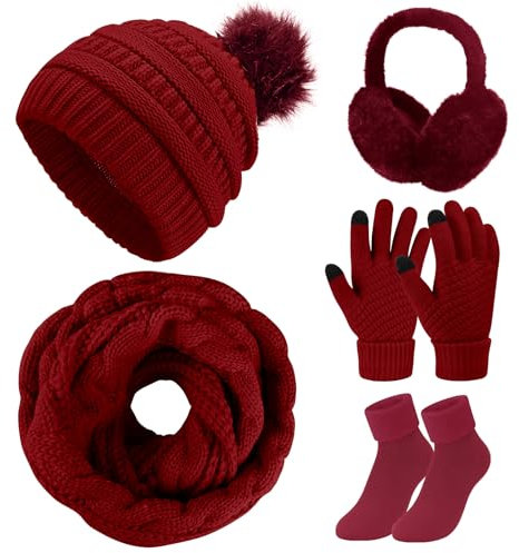 Tuopua Wintermütze Damen, Touchscreen Handschuhe Wärmer Knit Mütze Strickmütze mit Bommel Gestrickte Schal mit Socken Plüsch Ohrenschützer Kombi Set Geschenk für Frauen, Weinrot