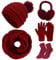 Tuopua Wintermütze Damen, Touchscreen Handschuhe Wärmer Knit Mütze Strickmütze mit Bommel Gestrickte Schal mit Socken Plüsch Ohrenschützer Kombi Set Geschenk für Frauen, Weinrot