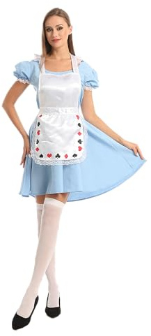 Carnavalife Alice im Wunderland Kostüm für Erwachsene, mit Schürze und weißen Oberschenkelstrümpfen, Cosplay, Party, Halloween, Karneval