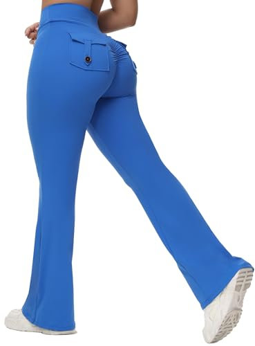 MIHRUSEM Schlag-Leggings für Damen mit Taschen, Scrunch-Po-Hose mit hoher Taille, Fitnessstudio, Workout, Yoga, Laufhose, Brilliantes Blau, X-Klein