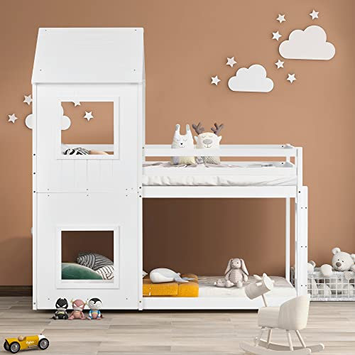 ABIN 3FT Treehouse Bunk bed, Cabin Bed Frame Mid-Sleeper with Treehouse Canopy & Ladder, Bed Frame, Suitable for for Boys & Girls, 190 x 90 cm (White)