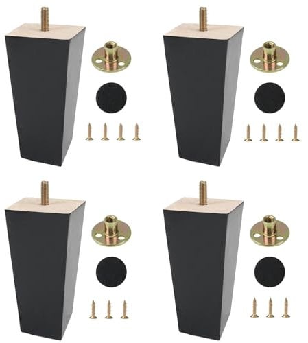 KINDPMA 4PCS Wooden Furniture Legs 15cm Solid Wood Sofa Legs Chair Legs Table Legs Black Furniture Replacement Feet with Mounting Plates Screws Non-Slip Mat for Bed Chair Couch Table TV Cabinet