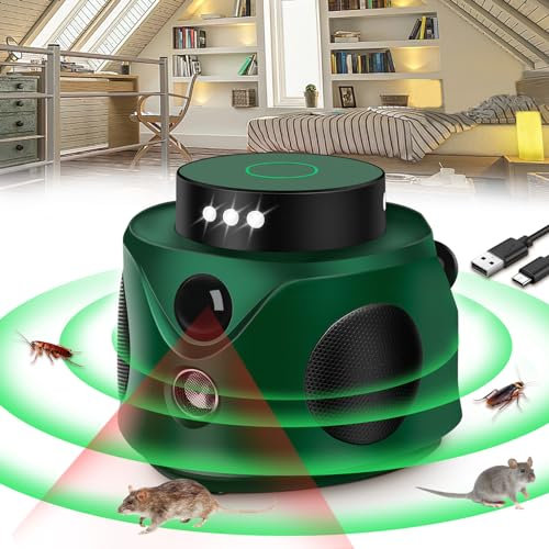 Rat Repellent Indoor, 360° Ultrasonic Mouse Repellent with Intelligent Frequency Conversion Ultrasonic& PIR& Flash Light, Mice Repellent Mouse Repeller for House/Attic/Garage/Basement-1 Pack