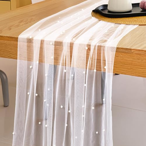 Tüll Mit Perlen Tischdeko Hochzeit Tischläufer 300 x 80cm Tüll Weiß