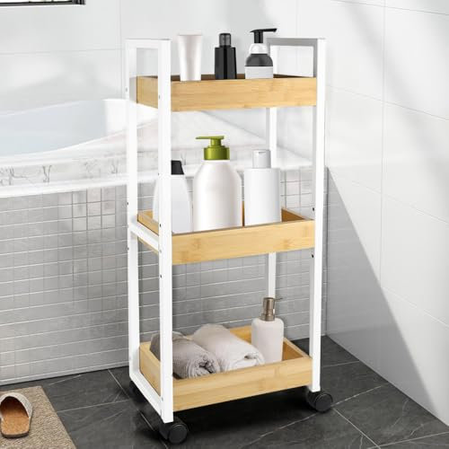 HUOLE Desserte à roulettes Bambou avec étagère 3 bacs Chariot de Rangement à 3 Niveaux desserte étagère de Rangement à roulettes pour Salle de Bain Cuisine en Bambou 20 * 30 * 80cm-Blanc