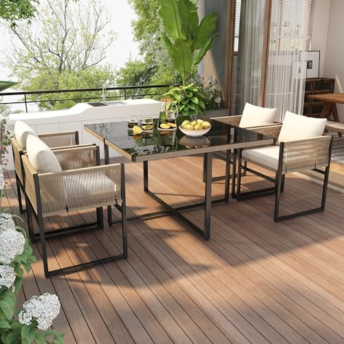 Garten-Essgruppe 5 TLG Sitzgruppe mit 1 Esstisch, 4 stapelbaren Stühlen, (Gartengarnitur, 5-TLG, Sitzgarnitur), Feines Seil, Eisen, Tischplatte aus 5mm starkem Sicherheitsglas