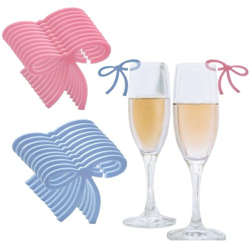 Whimsezbox Bows Drink Tags, Black Bow Wine Glass Markers, Acrylic Bowknot Charm Wineglass Decor Tag For Champagne Cocktail Gender Reveal Baby Shower Party Accessories Decoration (Pink&Blue-20pcs)
