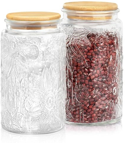 Qudubuy 1000ml Glass Storage Jars with Lids Airtight – Set of 2 Vintage Tea Coffee Sugar Canisters, Embossed Glass Jars for Overnight Oats, Pantry & Kitchen Organization