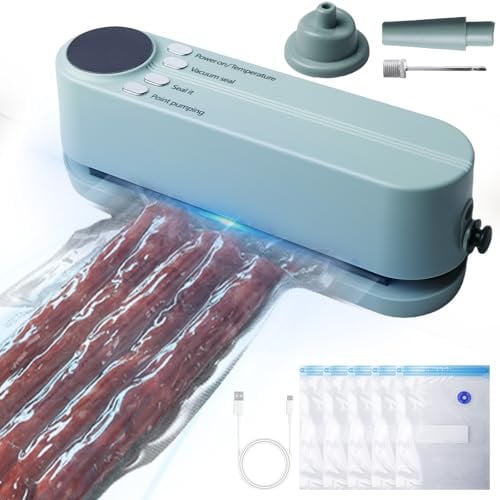 Mini Vakuumierer Vakuumiergerät, Automatischer Lebensmittel-Vakuumierer, Multifunktionales Folienschweißgerät mit 3 Funktionsebenen, Tragbares Vakuumiergerät mit 5 Vakuumbeuteln für Zuhause, Reisen