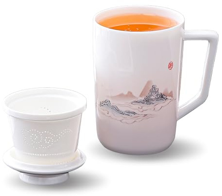 FORESTDREAM Keramik-Teetasse mit Sieb und Deckel, 450ml/15oz, Porzellan Teebereiter mit Berglandschaft Design, 14,5cm Höhe (Alpin)