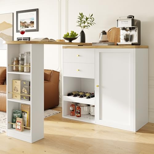 boorbin Um 360° drehbarer Bartisch (Hauptkörper 105 x 39 x 102 cm), mit 2 Schubladen und Schiebetürschrank, 3 Ebenen offener Stauraum, geeignet für Esszimmer/Arbeitszimmer/Wohnzimmer usw (weiß-2)