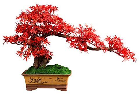 guiling-1986 Artificial Bonsai Tree Artificial Bonsai Maple Tree, Potted Japanese Zen Ornaments Indoor Bonsai Fake Plant Decoration for Desktop Living Room Tea Room, Red Fake Bonsai Tree