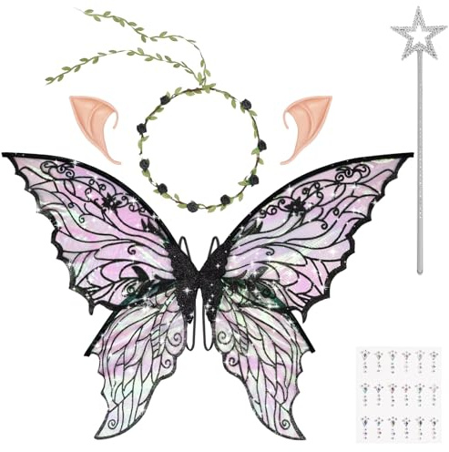 DiULi Alas Hadas Mariposa, 5pcs Alas de Duende+Guirnalda+Orejas de Elfo+Varita de Hada+Pegatinas Diamantes, Alas Disfraz Mujeres y Niños para Halloween, Carnaval, Fiesta,Cosplay, Talla Única (Negro)