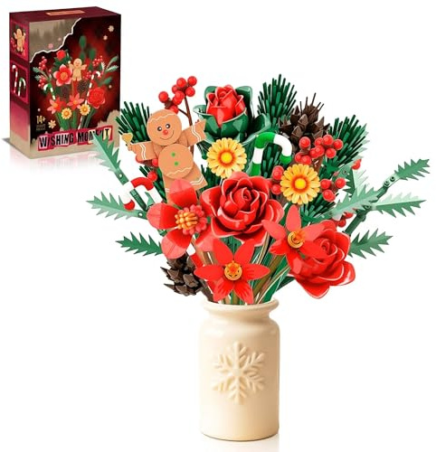 Set di Costruzione di Bouquet di Fiori Natalizi, Collection Botanica di Natale Compatibile con i Fiori Lego, Regalo di Natale per Nipoti e Adolescenti, 865 Pezzi | Compatibile con fiori Lego, decorazioni per la casa e il soggiorno, regalo di Natale