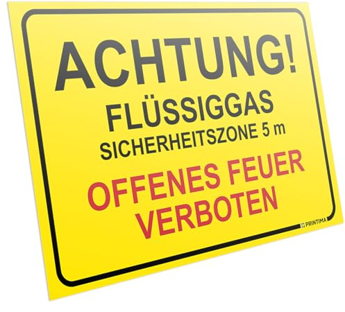 PRINTIMA PVC Schild 32x21 cm „ACHTUNG! FLÜSSIGGAS – SICHERHEITSZONE 5 m – OFFENES FEUER VERBOTEN“ – Warnschild mit Dübeln – Wetterfeste Kennzeichnung für Gefahrstoffbereiche