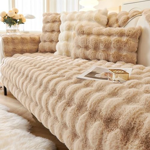 Generisch Sofaschoner für Ledersofa rutschfest,Couch überzug für Sektionssofa Flauschiger Kunstpelz Sofa Sitzkissenbezug L Form Möbelschutz(Coffee,90x160cm)