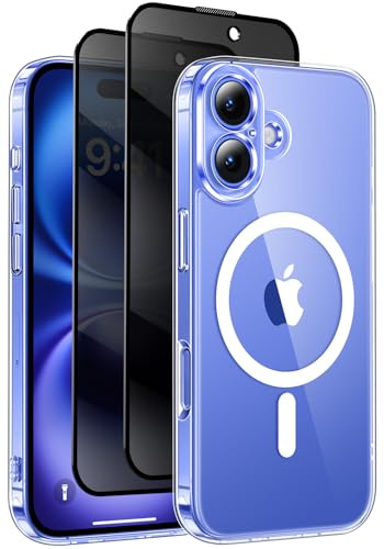 HeIssitot for iPhone 16 Case, Privacy Screen Protectors X2, Clear | Compatible with MagSafe, Anti-Yellowing, Cameratection, Military-Grade Protection, Slim Shockproof Phone Cover