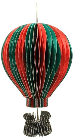 XL Dekoballon, Papierluftballon, Hänger Heißluftballon, Honeycomb Ballon, Gartendeko zum Hängen, Papieranhänger als Heißluftballon mit Korb in rot/grün, 1 Stück, Größe: L/B/H 19 cm x 19 cm x 31 cm.