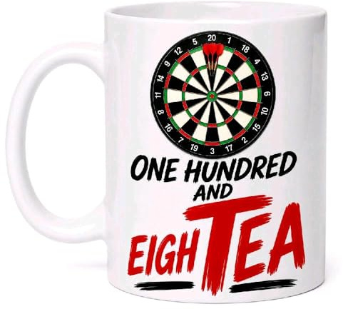 SASSY SIPS Funny Darts Novelty Mug, 'One Hundred and EighTEA' Design, Dual-Sided Print, White Ceramic Cup, Dart Cup, 11oz Ceramic, Fathers Day, Parents, Gift