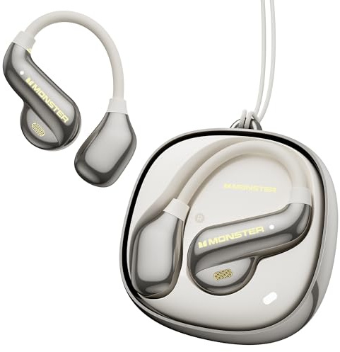 Monster Auriculares abiertos AC390, auriculares Bluetooth 6.0 con sonido estéreo, IPX5 impermeables, auriculares inalámbricos 24 horas de reproducción, funda de carga giratoria con cordón, auriculares